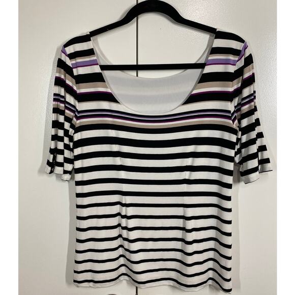 WHBM Striped Short Sleeve Round Neck Stretch Top MEDIUM - Picture 6 of 9